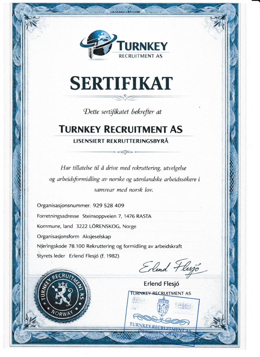 Сертификат TURNKEY RECRUITMENT AS — лицензированное рекрутинговое агентство