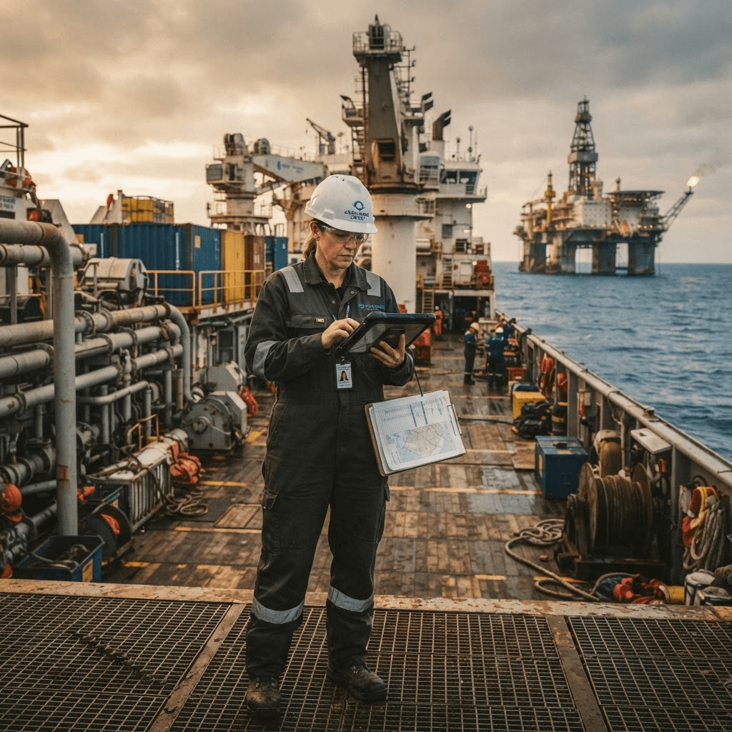 Руководитель морских операций изучает планы проекта на палубе судна